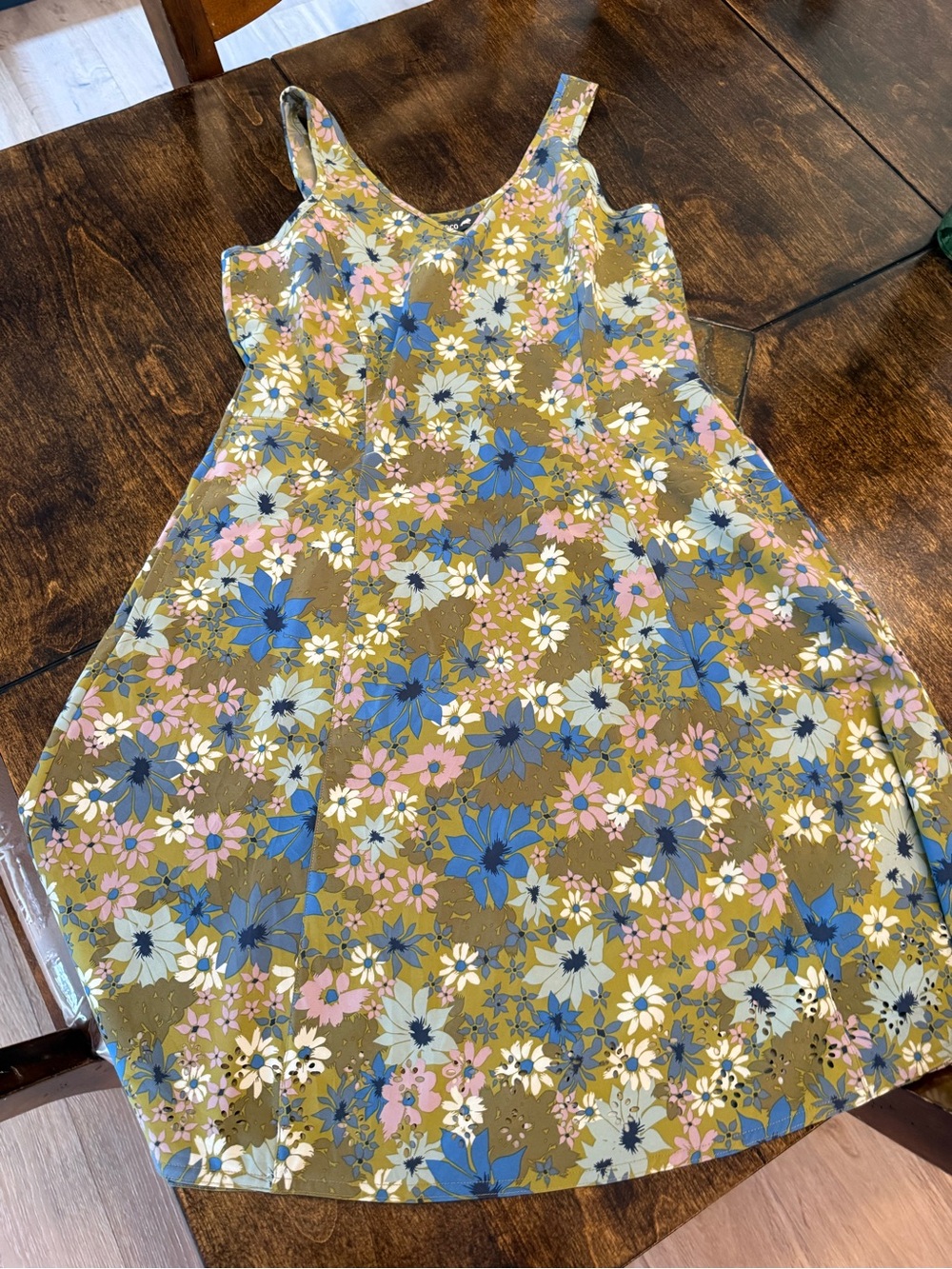 Toad&Co Olive Green Floral Sundress with Blue and Pink Accents, size small.